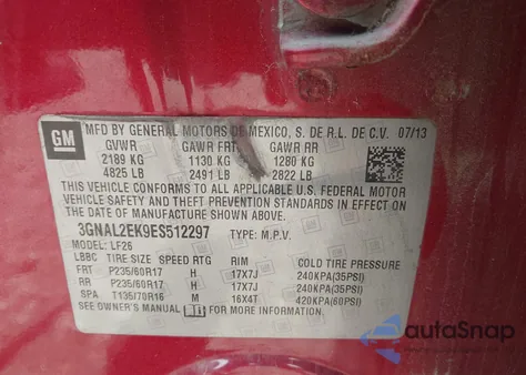 2014 Chevrolet Captiva Sport 2Ls z USA, uszkodzony, nr VIN 3GNAL2EK9ES512297